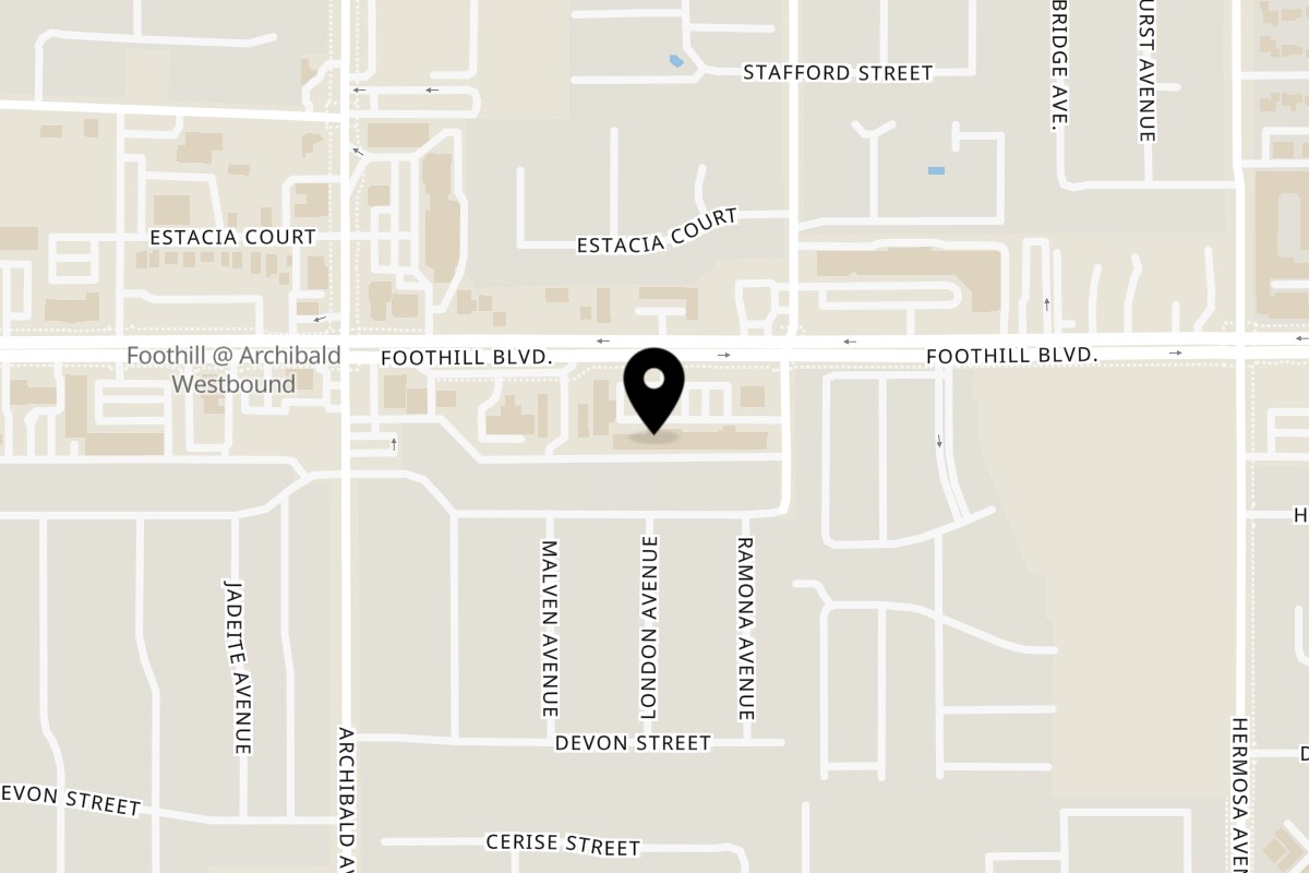 Map showing the location of Sunny's Cafe on 9849 Foothill Blvd S in Rancho Cucamonga